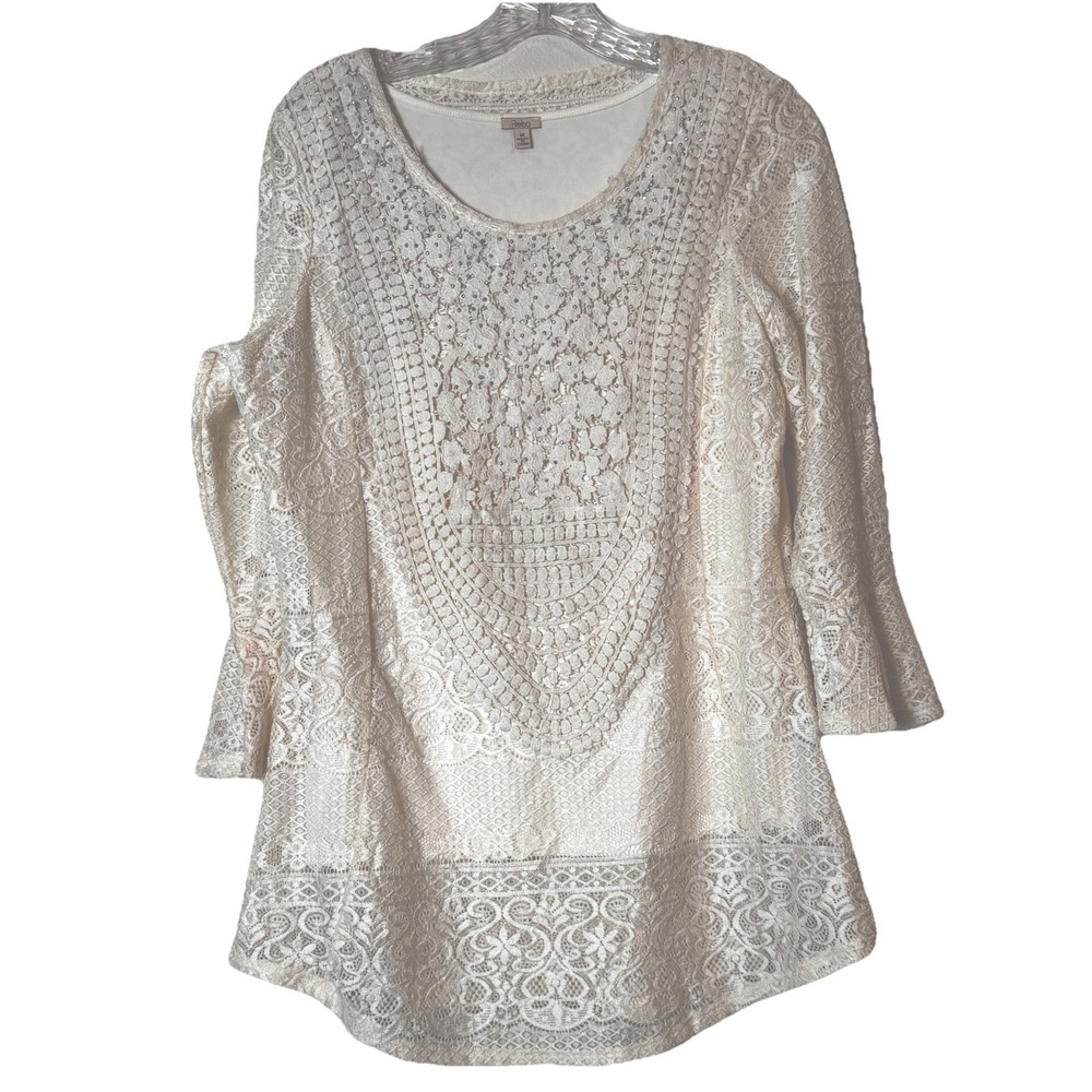 Reba Cream Lace Embellished Tunic Top Women's Size M 3/4 Sleeve Lined Boho